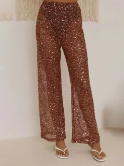 Pantalon à sequins chocolat taille naturelle