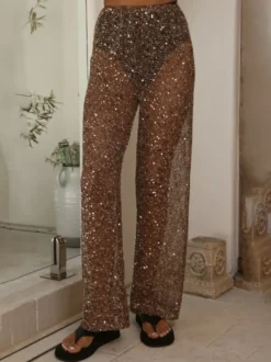 Pantalon à sequins chocolat taille naturelle