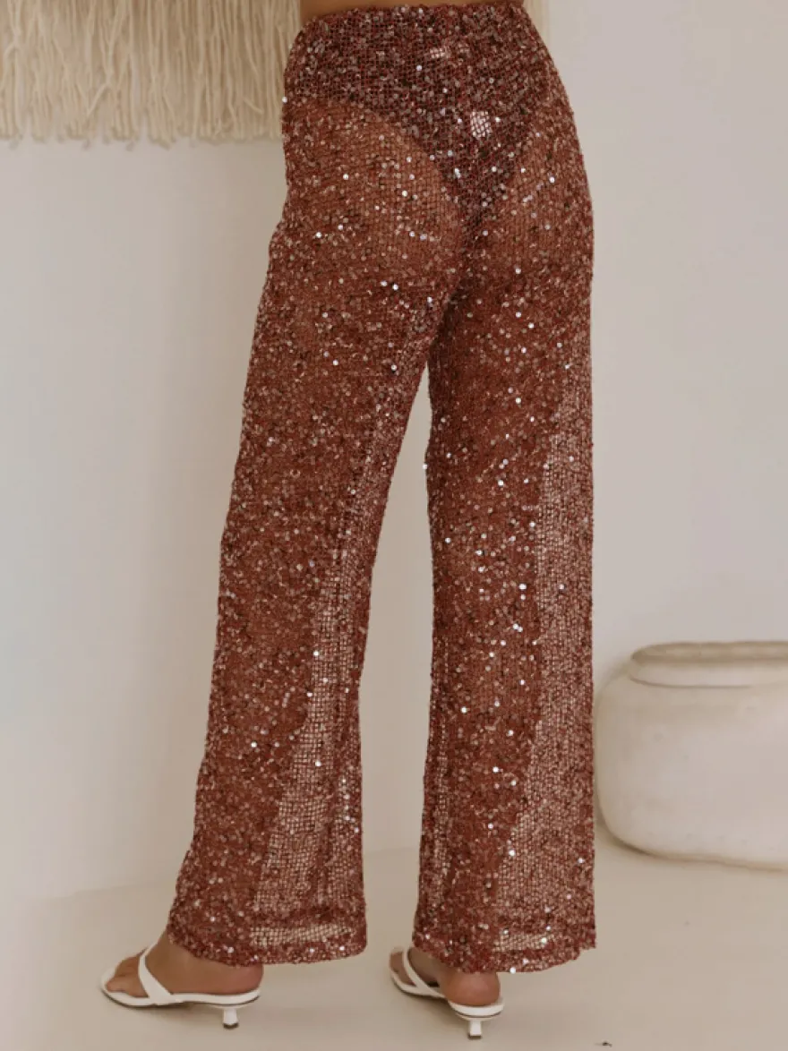 Pantalon à sequins chocolat taille naturelle