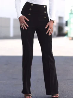 Pantalons Femmes Décontractés Longs Coupe Cintrée à Zip Décors avec Boutonnages Unicolore