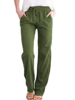 Pantalons Longs Femme Coupe Cintrée à Lacets avec Poches Unicolore