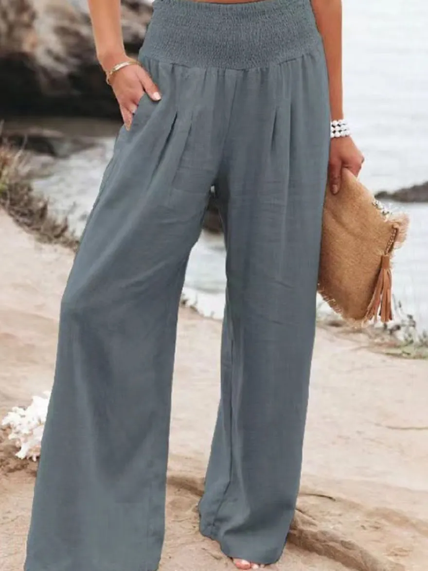 Pantalons Longs Femme Décontracté Coupe Cintrée Bas Evasée Unicolore
