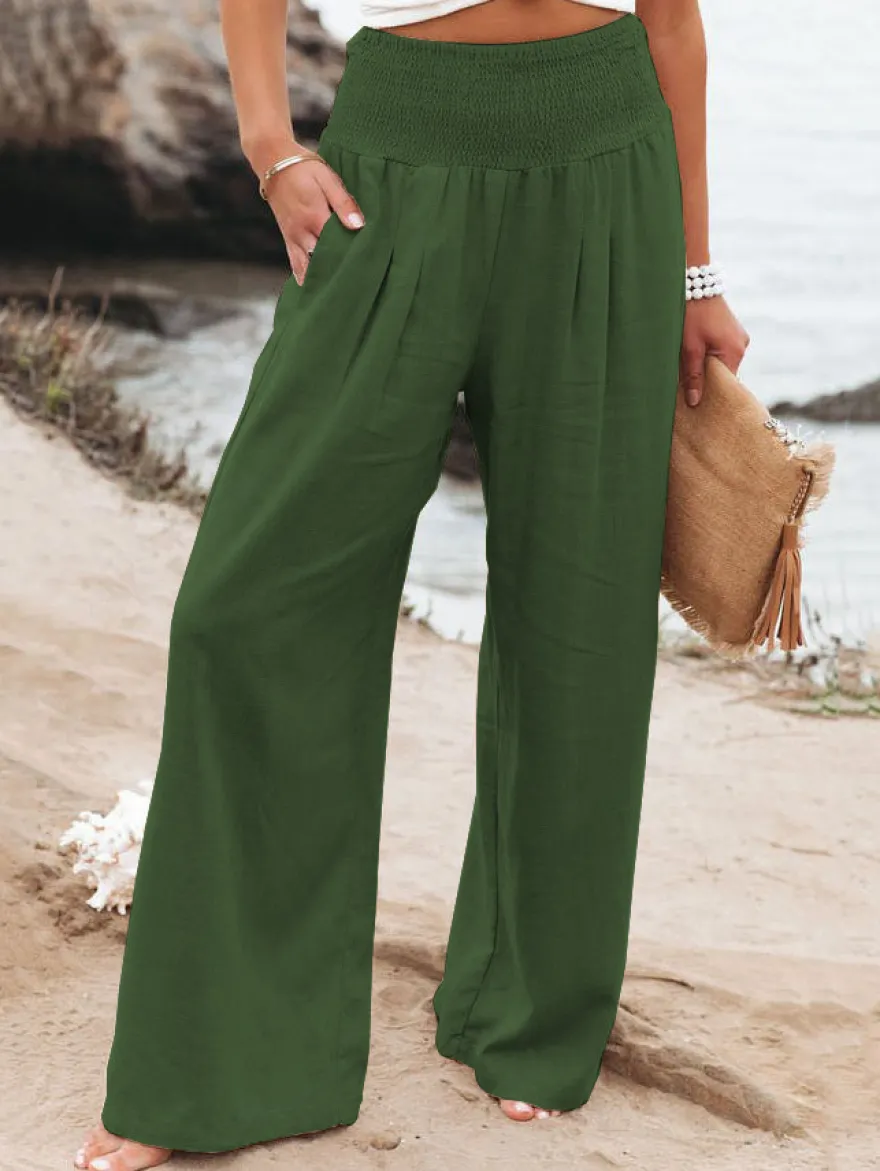 Pantalons Longs Femme Décontracté Coupe Cintrée Bas Evasée Unicolore