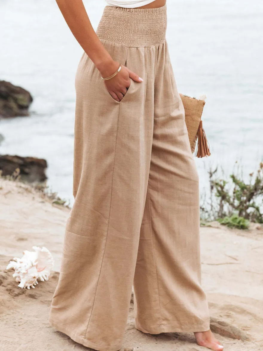Pantalons Longs Femme Décontracté Coupe Cintrée Bas Evasée Unicolore