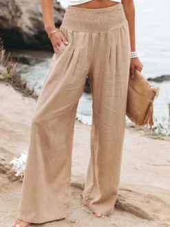 Pantalons Longs Femme Décontracté Coupe Cintrée Bas Evasée Unicolore