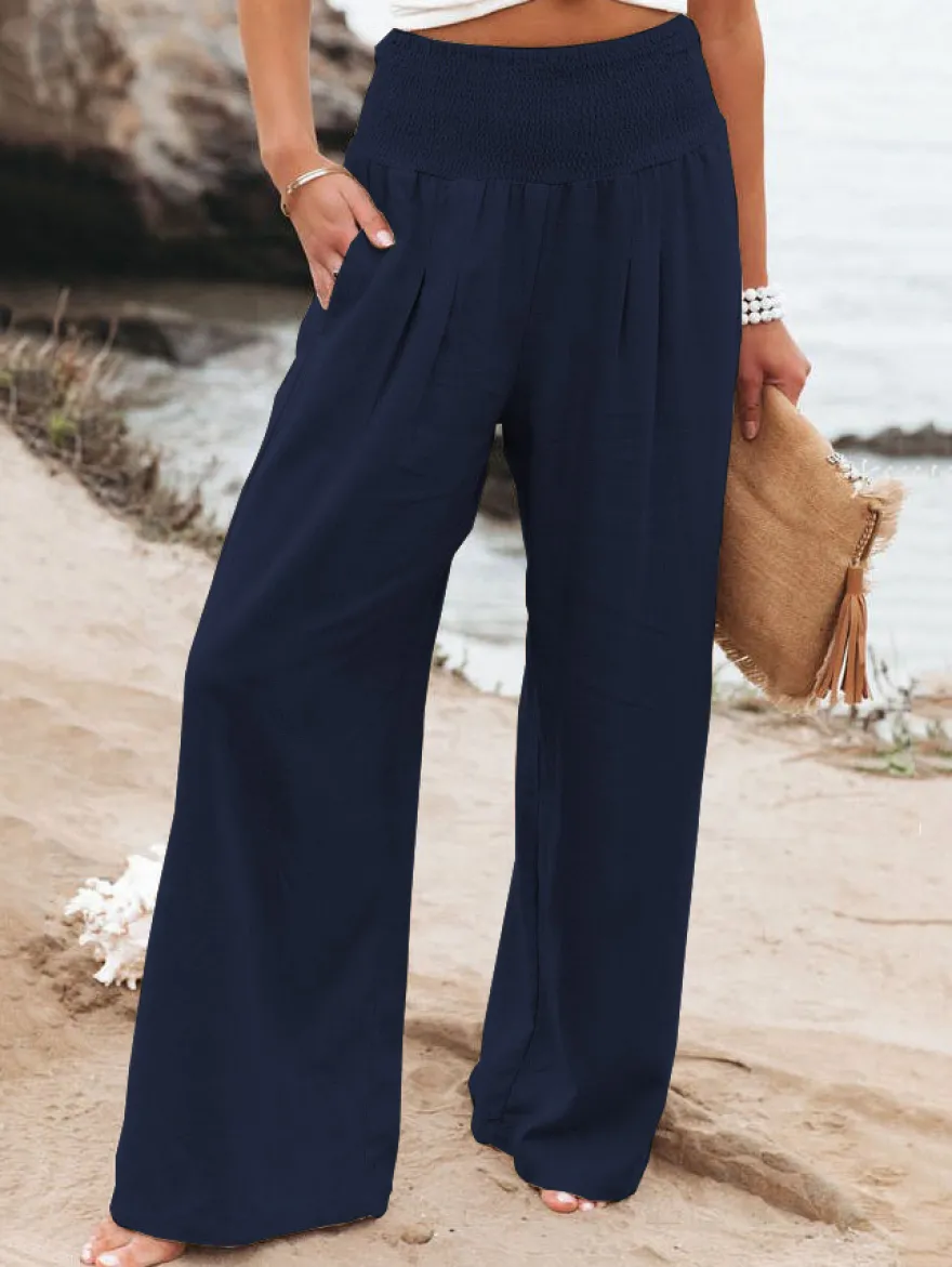 Pantalons Longs Femme Décontracté Coupe Cintrée Bas Evasée Unicolore