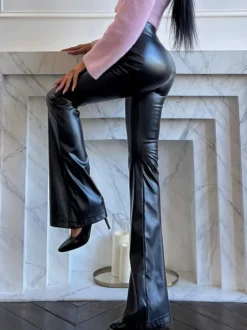 Pantalon taille haute en cuir PU noir