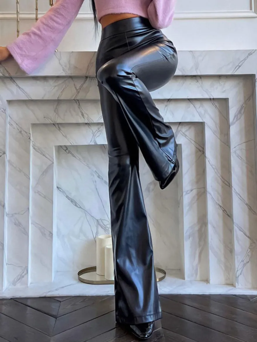 Pantalon taille haute en cuir PU noir