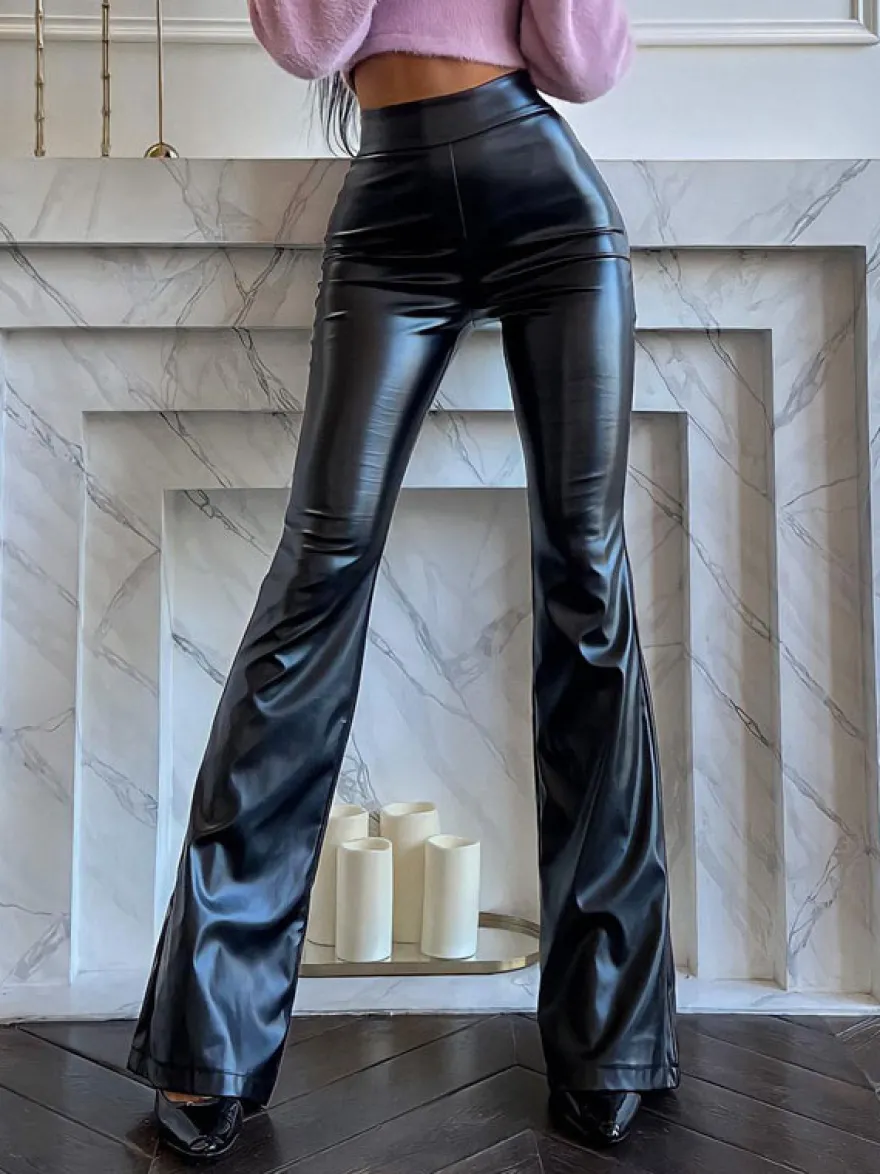 Pantalon taille haute en cuir PU noir