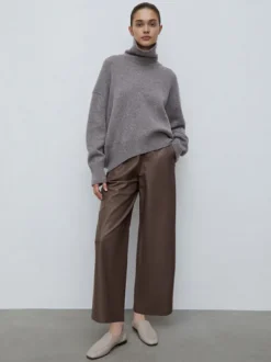 Pantalon taille haute en similicuir marron à jambes larges et droites style décontracté