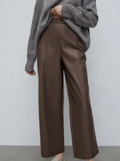 Pantalon taille haute en similicuir marron à jambes larges et droites style décontracté