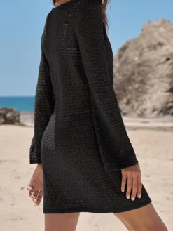 Paréos mini-robes sculptantes à manches longues et col rond maillots de bain noirs d'été pour la plage
