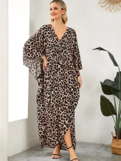 Paréos robes maxi oversize à manches longues imprimé léopard col en V manches chauve-souris maillots de bain de plage colorés et décontractés