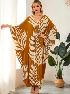 Paréos robes maxi oversize à manches longues imprimé léopard col en V manches chauve-souris maillots de bain de plage colorés et décontractés