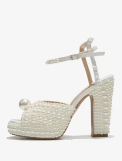 Perles blanches sandales de mariée Peep Toe talon bloc bride à la cheville chaussures de mariage