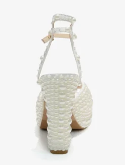 Perles blanches sandales de mariée Peep Toe talon bloc bride à la cheville chaussures de mariage