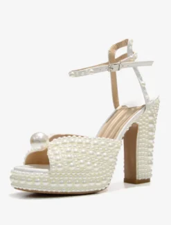 Perles blanches sandales de mariée Peep Toe talon bloc bride à la cheville chaussures de mariage