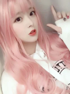 Perruque douce Lolita longue perruque de cheveux Lolita rose doux ébouriffé avec une frange Déguisements Halloween