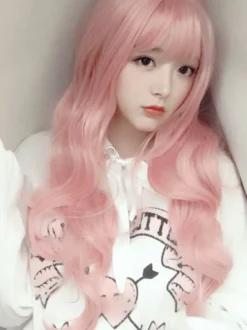 Perruque douce Lolita longue perruque de cheveux Lolita rose doux ébouriffé avec une frange Déguisements Halloween