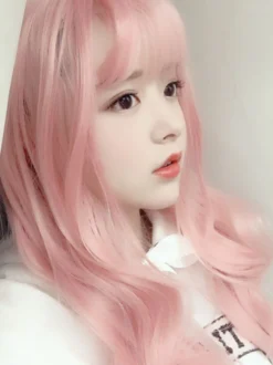 Perruque douce Lolita longue perruque de cheveux Lolita rose doux ébouriffé avec une frange Déguisements Halloween
