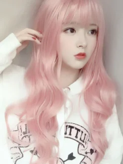 Perruque douce Lolita longue perruque de cheveux Lolita rose doux ébouriffé avec une frange Déguisements Halloween