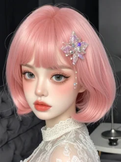 Perruque Lolita de style ROCOCO rose courte en fibre résistante à la chaleur ébouriffée accessoires Lolita