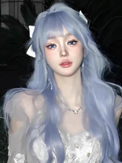 Perruque Lolita douce longue ébouriffée en fibre résistante à la chaleur bleu ciel clair accessoires Lolita