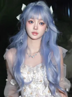 Perruque Lolita douce longue ébouriffée en fibre résistante à la chaleur bleu ciel clair accessoires Lolita
