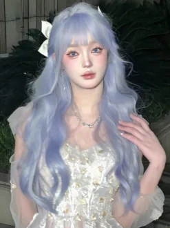 Perruque Lolita douce longue ébouriffée en fibre résistante à la chaleur bleu ciel clair accessoires Lolita