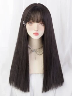 Perruque Mignonne Longue Noire Frange Accessoires Lolita