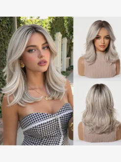 Perruque synthétique longue ondulée à racines foncées ombrées avec frange rideau couleur pastel.