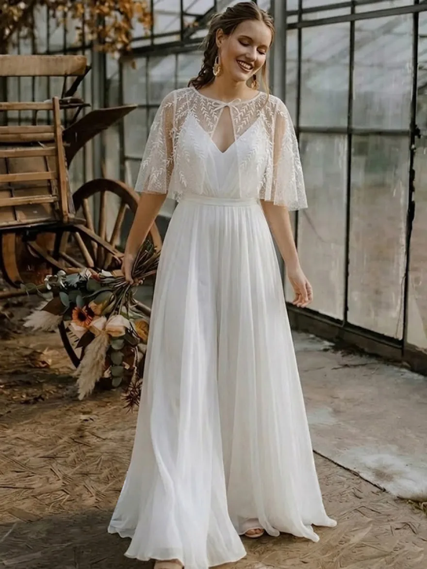 2 pièces combinaison mariage civil robe de mariée bohème en mousseline décolleté travaillé coupe trapèze longueur thé fermeture éclair manches courtes