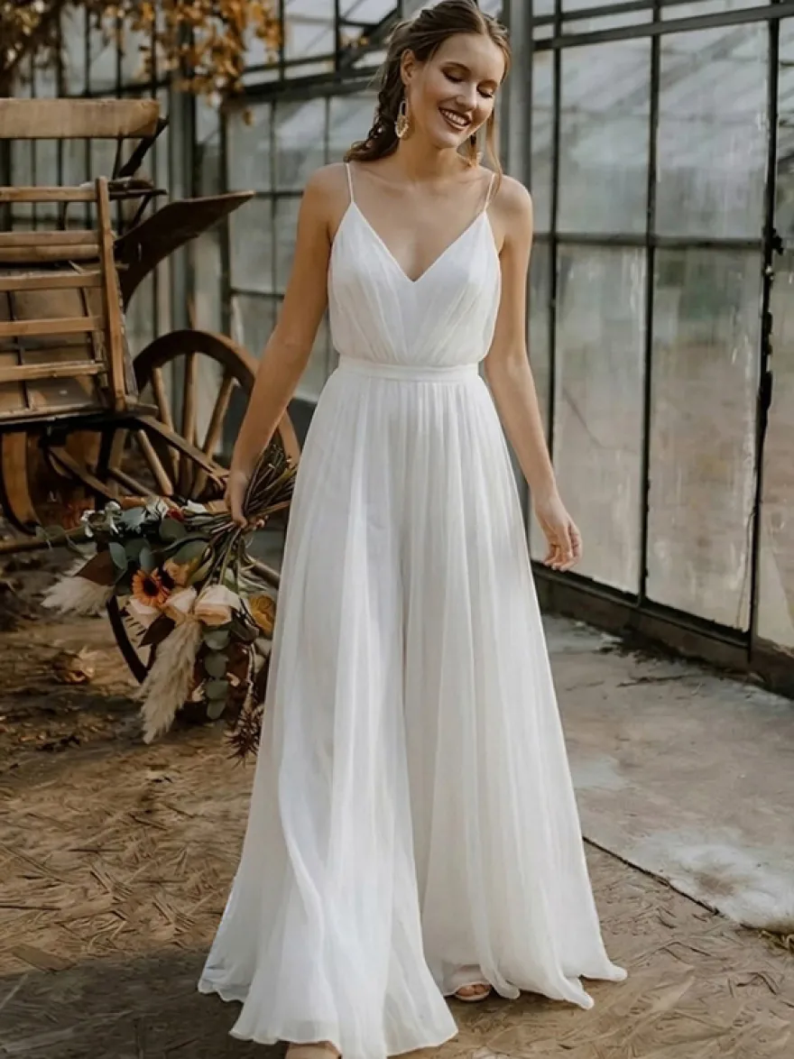 2 pièces combinaison mariage civil robe de mariée bohème en mousseline décolleté travaillé coupe trapèze longueur thé fermeture éclair manches courtes