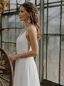 2 pièces combinaison mariage civil robe de mariée bohème en mousseline décolleté travaillé coupe trapèze longueur thé fermeture éclair manches courtes