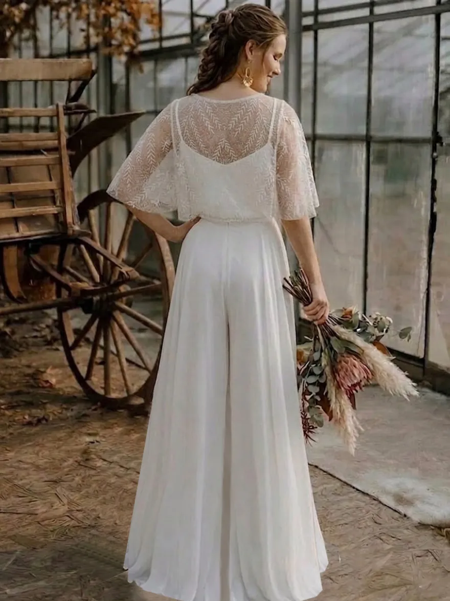 2 pièces combinaison mariage civil robe de mariée bohème en mousseline décolleté travaillé coupe trapèze longueur thé fermeture éclair manches courtes