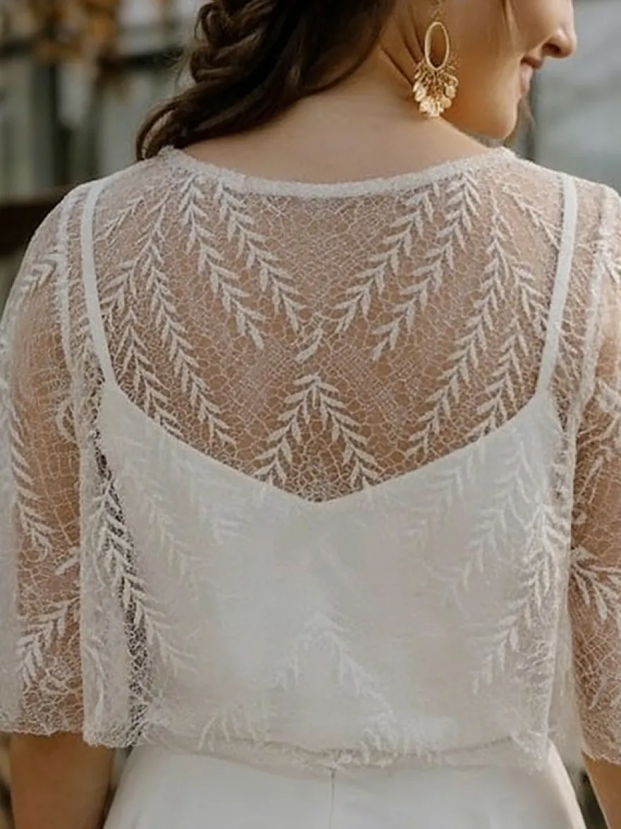 2 pièces combinaison mariage civil robe de mariée bohème en mousseline décolleté travaillé coupe trapèze longueur thé fermeture éclair manches courtes