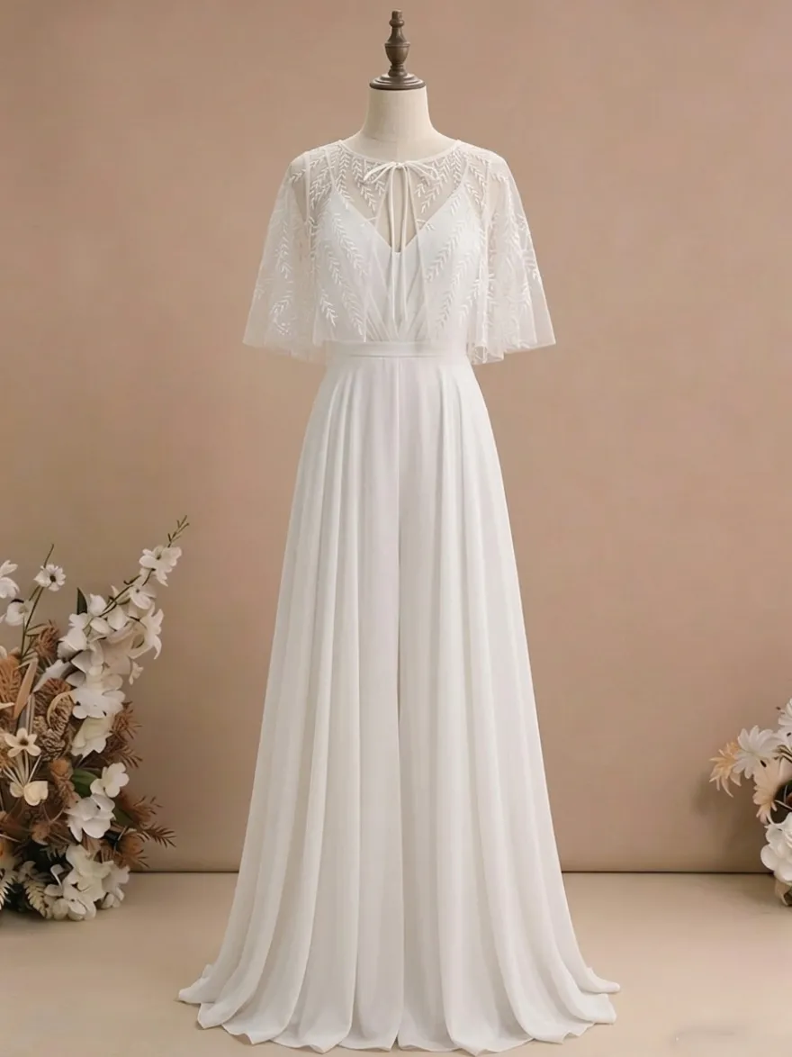 2 pièces combinaison mariage civil robe de mariée bohème en mousseline décolleté travaillé coupe trapèze longueur thé fermeture éclair manches courtes
