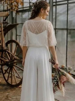 2 pièces combinaison mariage civil robe de mariée bohème en mousseline décolleté travaillé coupe trapèze longueur thé fermeture éclair manches courtes