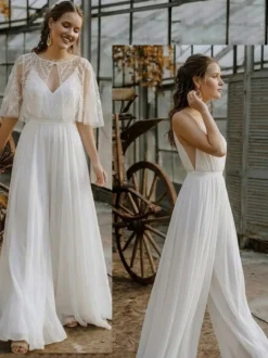 2 pièces combinaison mariage civil robe de mariée bohème en mousseline décolleté travaillé coupe trapèze longueur thé fermeture éclair manches courtes