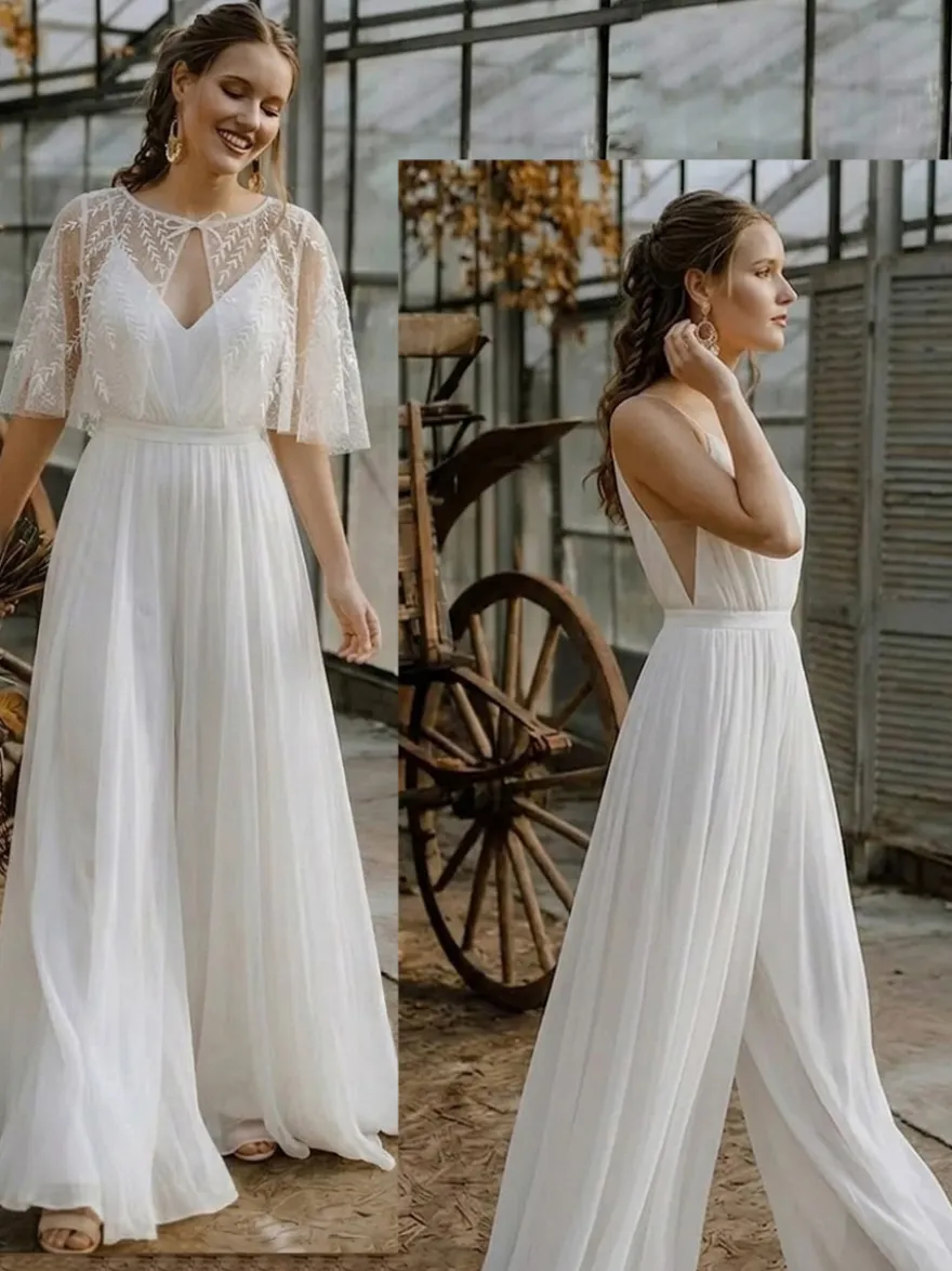 2 pièces combinaison mariage civil robe de mariée bohème en mousseline décolleté travaillé coupe trapèze longueur thé fermeture éclair manches courtes