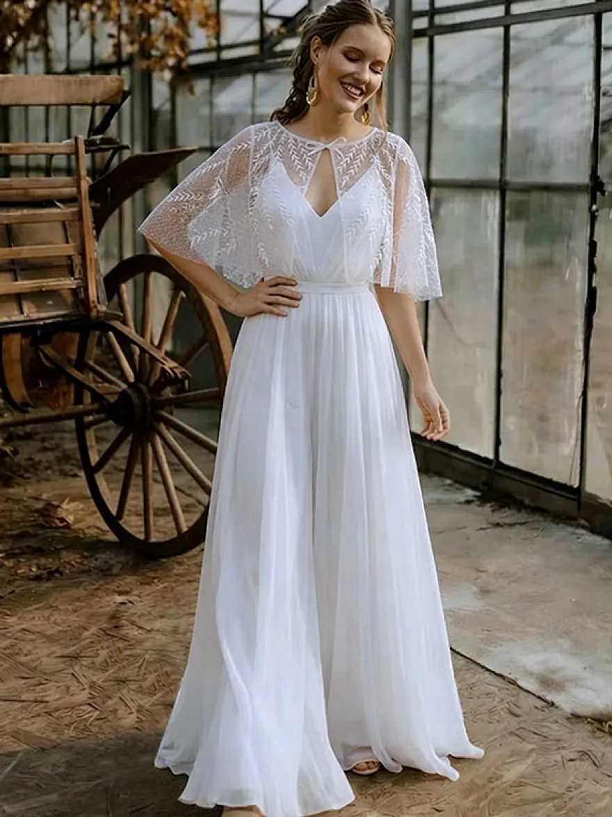 2 pièces combinaison mariage civil robe de mariée bohème en mousseline décolleté travaillé coupe trapèze longueur thé fermeture éclair manches courtes