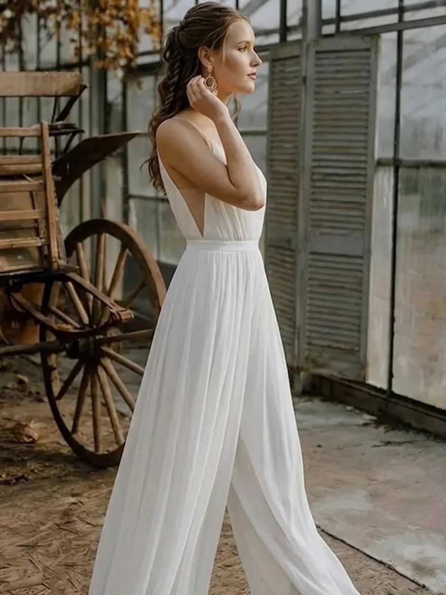 2 pièces combinaison mariage civil robe de mariée bohème en mousseline décolleté travaillé coupe trapèze longueur thé fermeture éclair manches courtes
