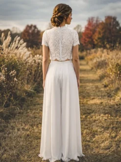 2 pièces tailleur-pantalon robe de mariée civil en mousseline col bijou longueur au sol fermeture éclair manches courtes