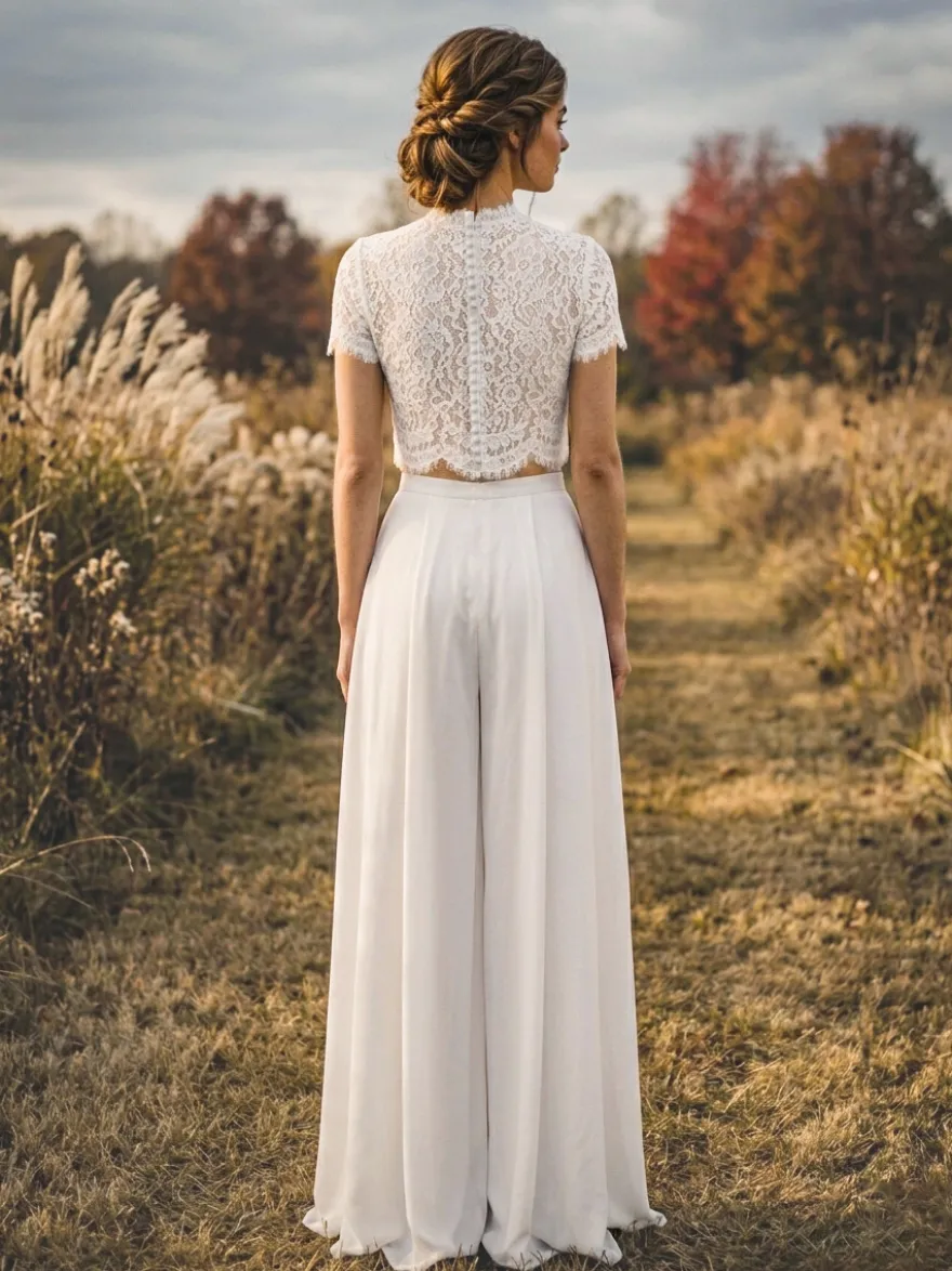 2 pièces tailleur-pantalon robe de mariée civil en mousseline col bijou longueur au sol fermeture éclair manches courtes
