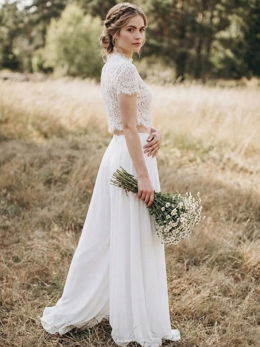 2 pièces tailleur-pantalon robe de mariée civil en mousseline col bijou longueur au sol fermeture éclair manches courtes