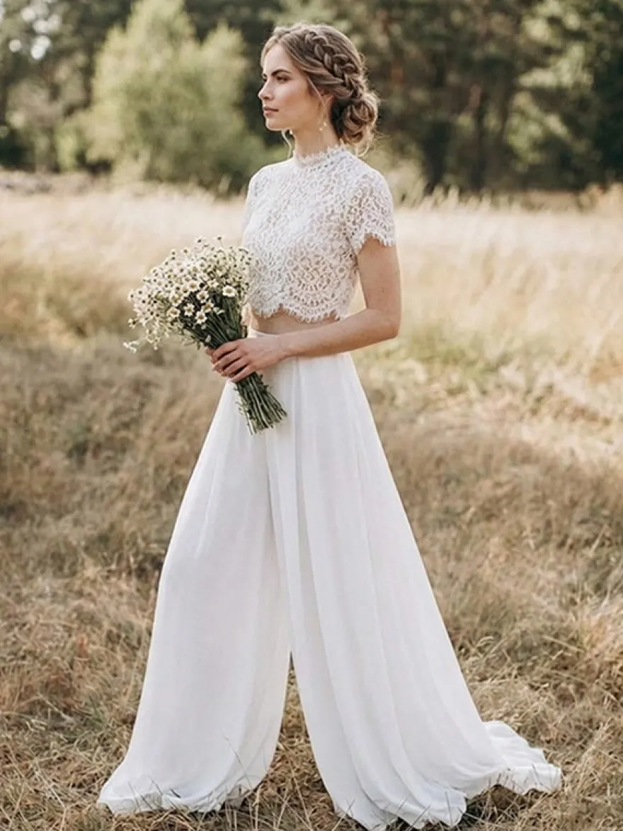 2 pièces tailleur-pantalon robe de mariée civil en mousseline col bijou longueur au sol fermeture éclair manches courtes