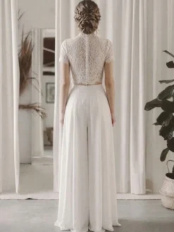 2 pièces tailleur-pantalon robe de mariée civil en mousseline col bijou longueur au sol fermeture éclair manches courtes
