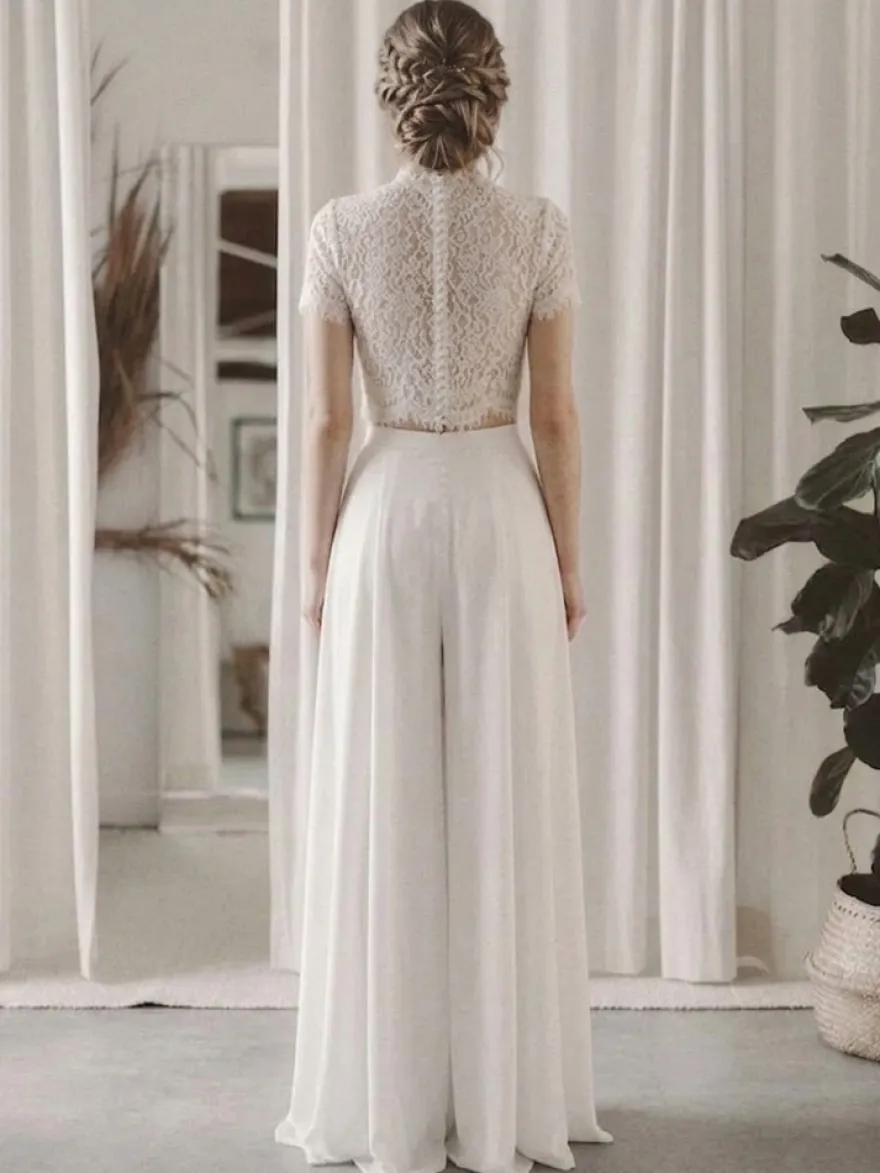2 pièces tailleur-pantalon robe de mariée civil en mousseline col bijou longueur au sol fermeture éclair manches courtes
