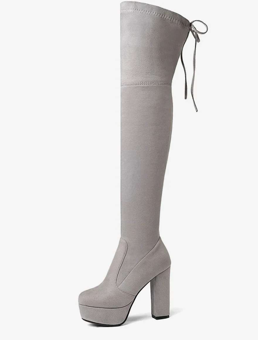 Plate-forme cuissardes femmes tissu élastique à lacets bout en amande talon épais sur les bottes au genou