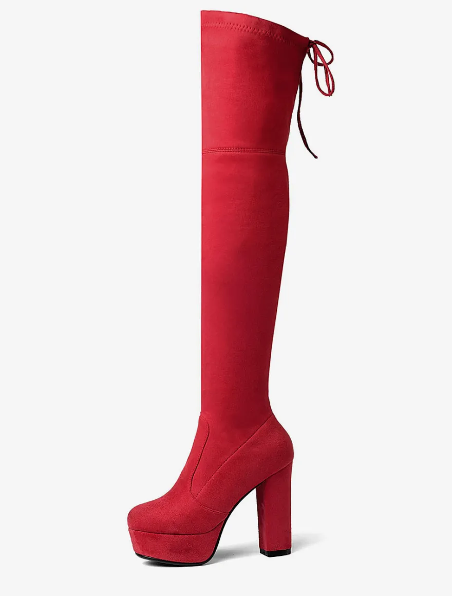 Plate-forme cuissardes femmes tissu élastique à lacets bout en amande talon épais sur les bottes au genou